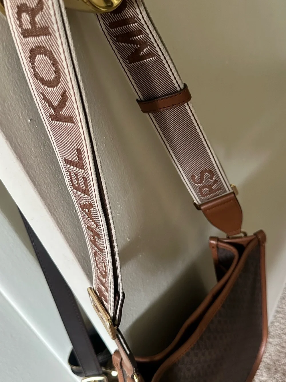 Michael Kors Brown Tan Monogram Crossbody Bag with Logo Strap